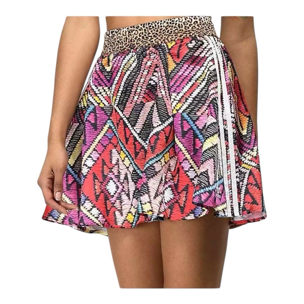 Adidas X Farm Rio Skater‎ Skirt Medium Mixed Geo Print Flare Mini Stripe Leopard